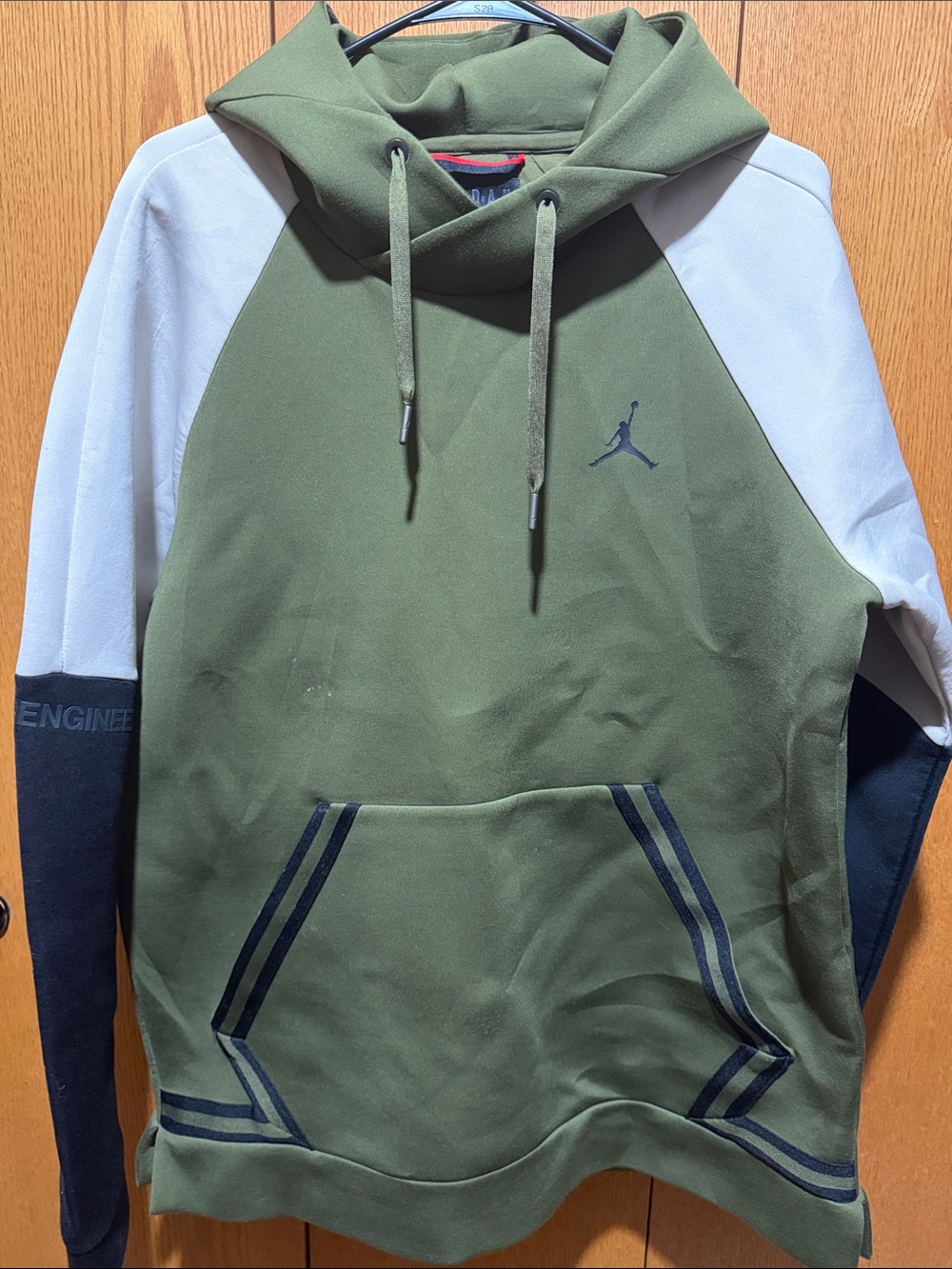 Jordan Olive Green Hooded Sweatshirt with White and Black Sleeves